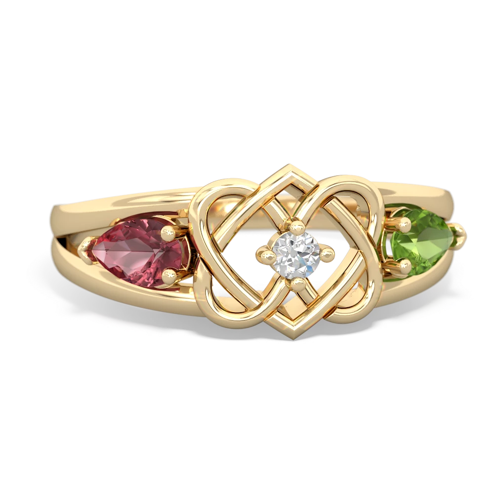 Pink Tourmaline Hearts Intertwined 14K Yellow Gold ring R5880