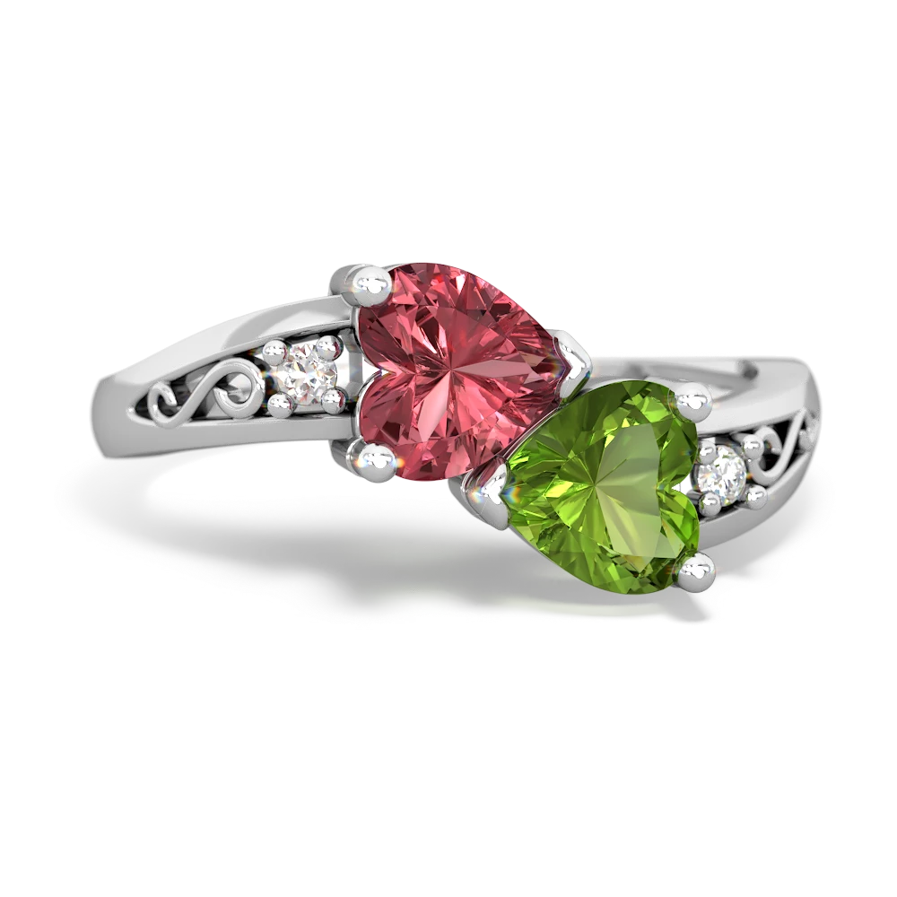 Pink Tourmaline Snuggling Hearts 14K White Gold ring R2178