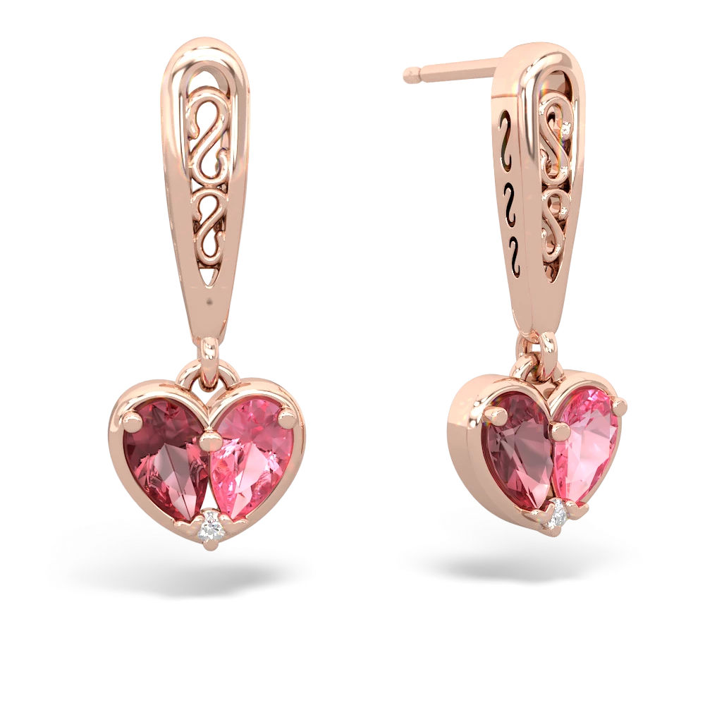 Pink Tourmaline Filligree Heart 14K Rose Gold earrings E5070