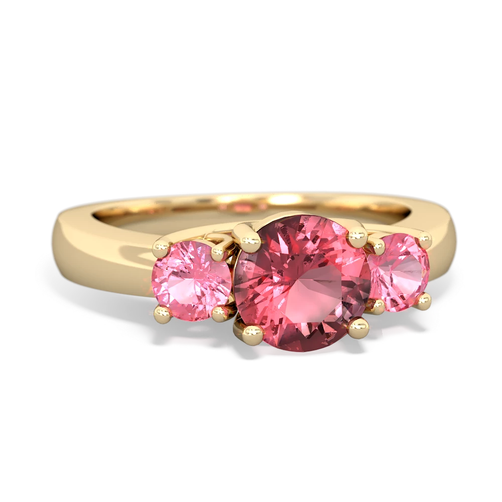 Pink Tourmaline Three Stone Round Trellis 14K Yellow Gold ring R4018