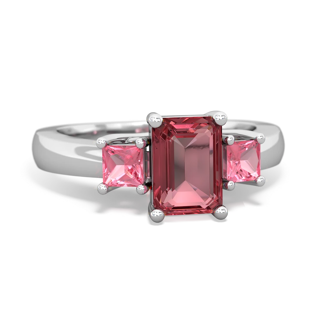 Pink Tourmaline Three Stone Emerald-Cut Trellis 14K White Gold ring R4021