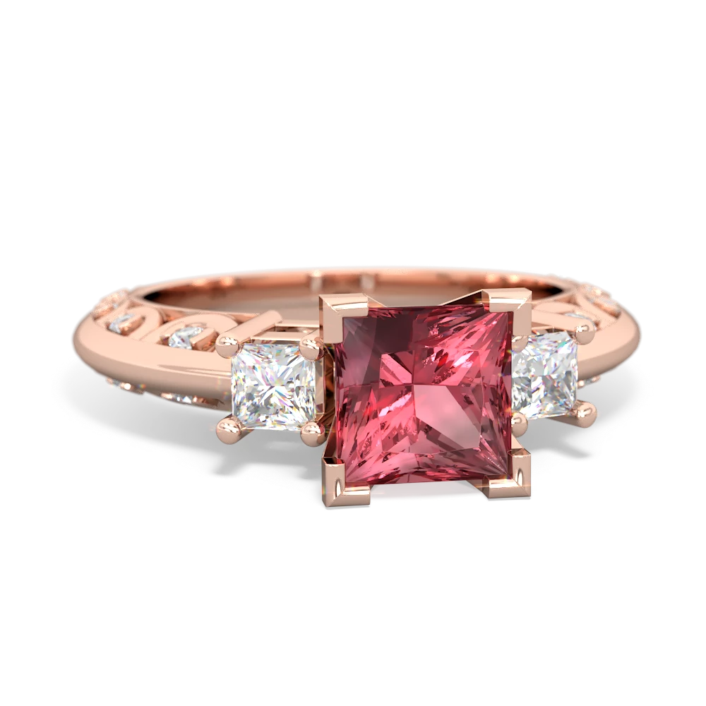 Pink Tourmaline Art Deco Diamond Engagement 6Mm Princess 14K Rose Gold ring R2001