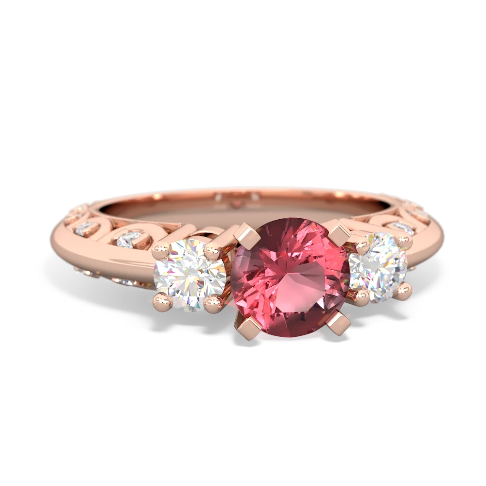 Pink Tourmaline Art Deco Diamond 6Mm Round Engagment 14K Rose Gold ring R2003