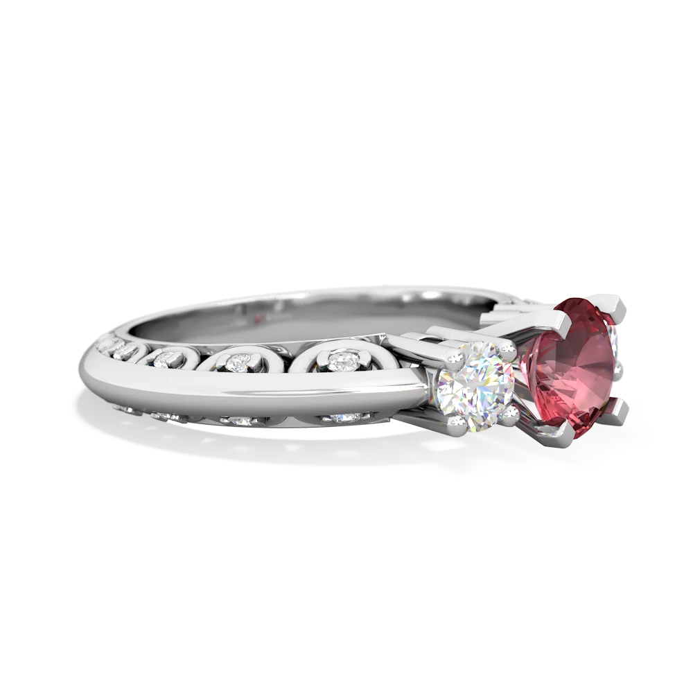 Pink Tourmaline Art Deco Diamond 6Mm Round Engagment 14K White Gold ring R2003