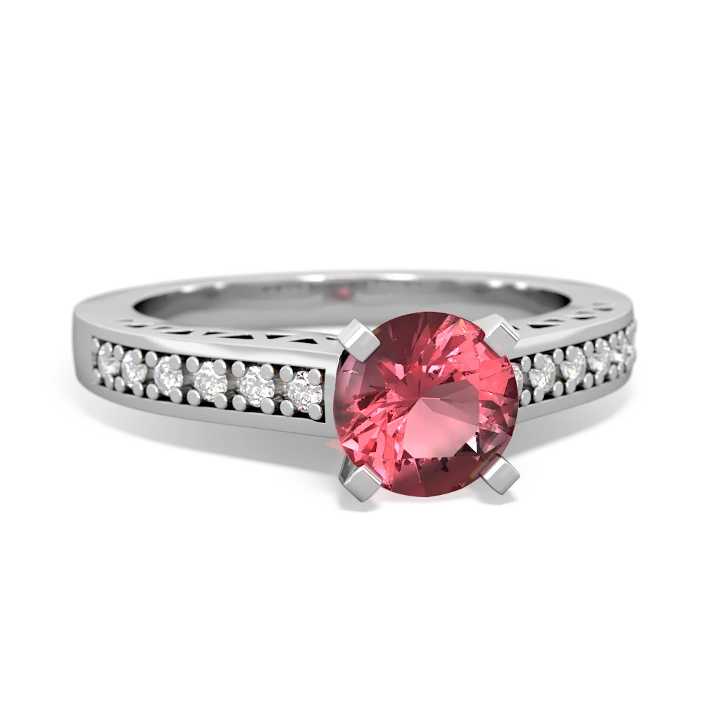 Pink Tourmaline Art Deco Engagement 6Mm Round 14K White Gold ring R26356RD