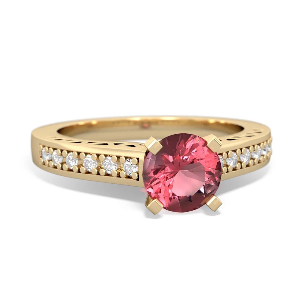 Pink Tourmaline Art Deco Engagement 6Mm Round 14K Yellow Gold ring R26356RD