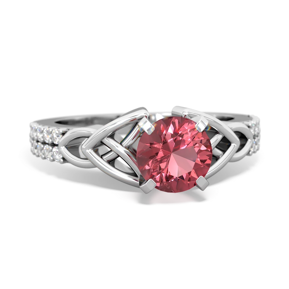 Pink Tourmaline Celtic Knot 6Mm Round Engagement 14K White Gold ring R26446RD