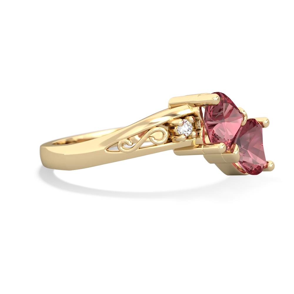 Pink Tourmaline Snuggling Hearts 14K Yellow Gold ring R2178