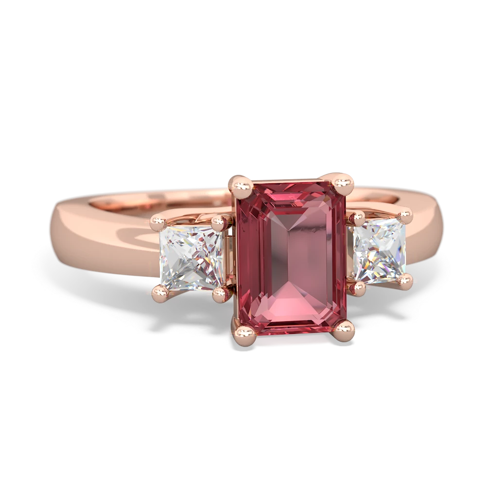 Pink Tourmaline Diamond Three Stone Emerald-Cut Trellis 14K Rose Gold ring R4021