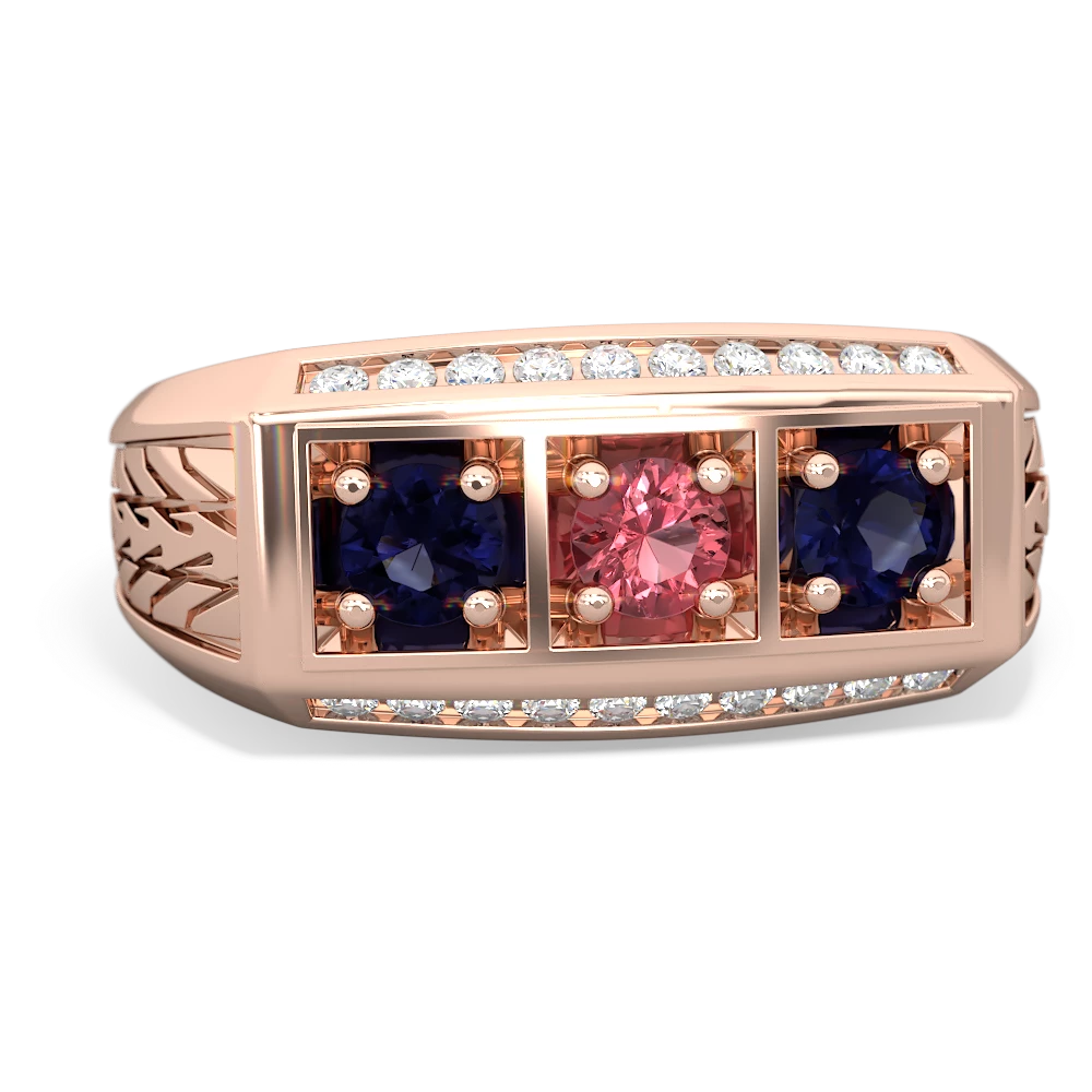 Pink Tourmaline Three Stone Tire Tread Men's 14K Rose Gold ring R0520