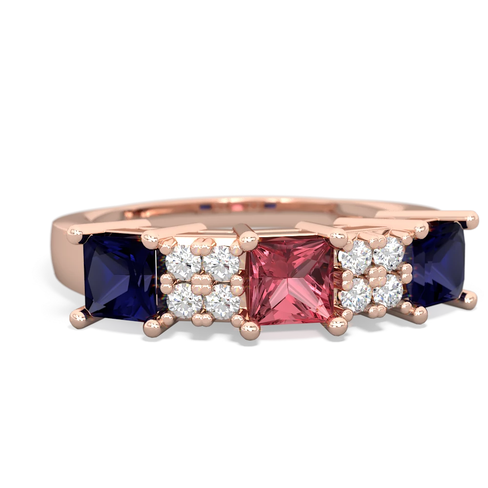 Pink Tourmaline Three Stone Diamond Cluster 14K Rose Gold ring R2592