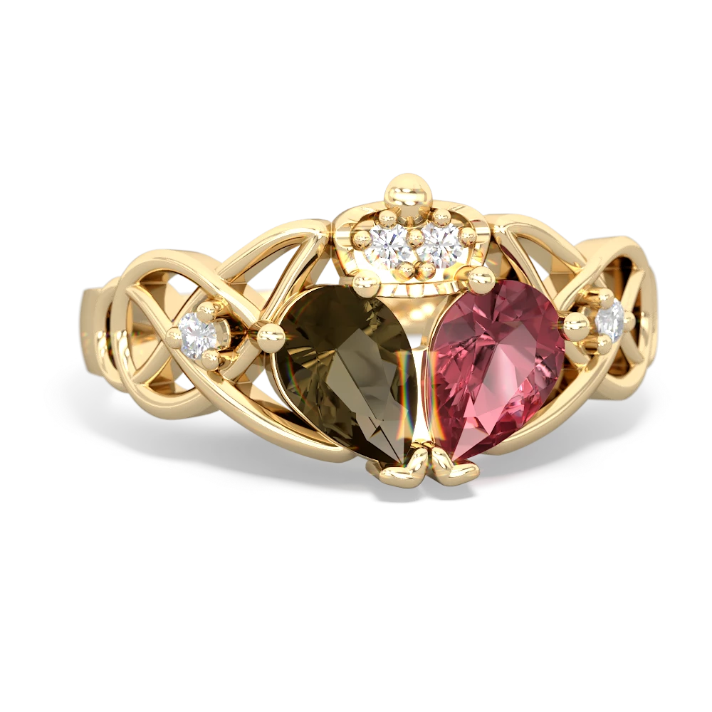 Pink Tourmaline 'One Heart' Celtic Knot Claddagh 14K Yellow Gold ring R5322