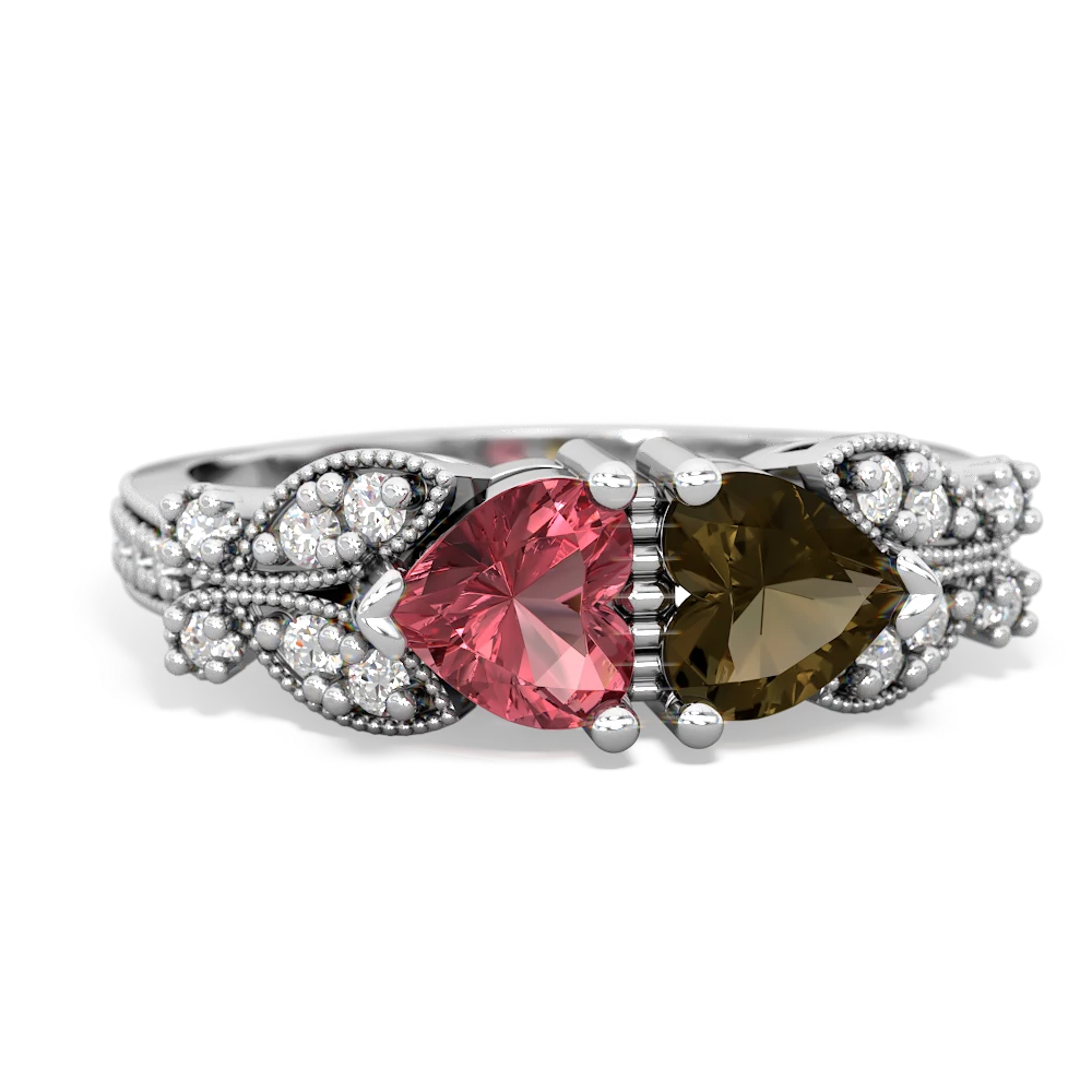 Pink Tourmaline Diamond Butterflies 14K White Gold ring R5601