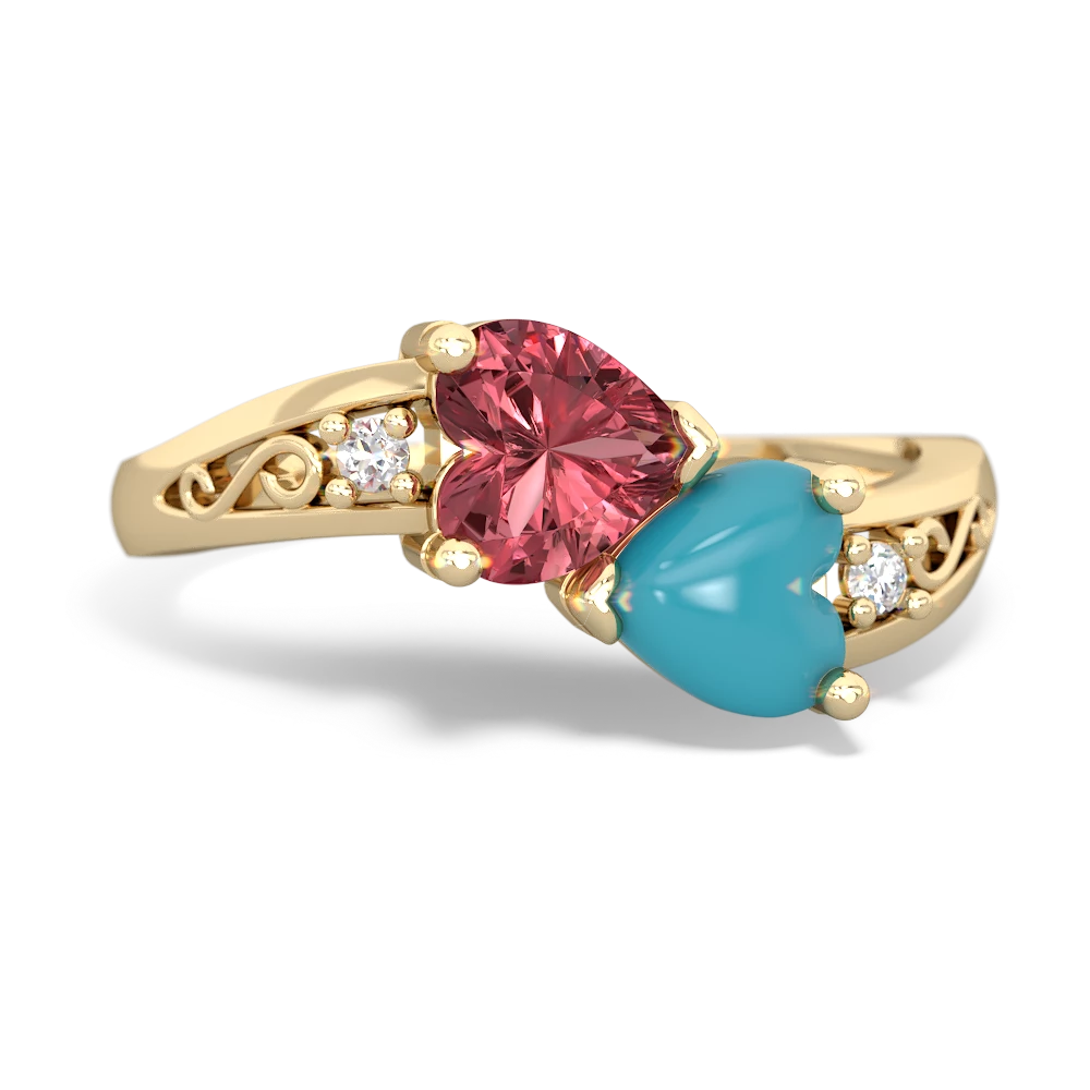 Pink Tourmaline Snuggling Hearts 14K Yellow Gold ring R2178