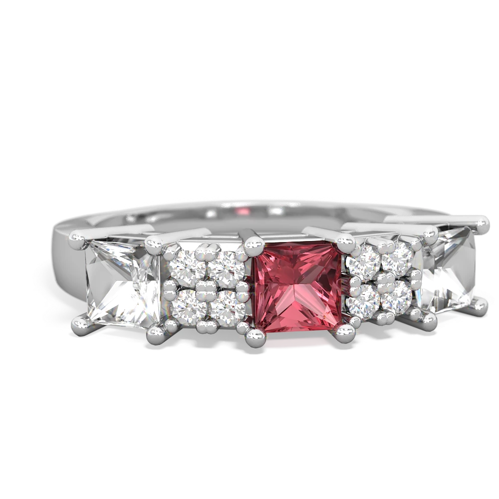 Pink Tourmaline Three Stone Diamond Cluster 14K White Gold ring R2592