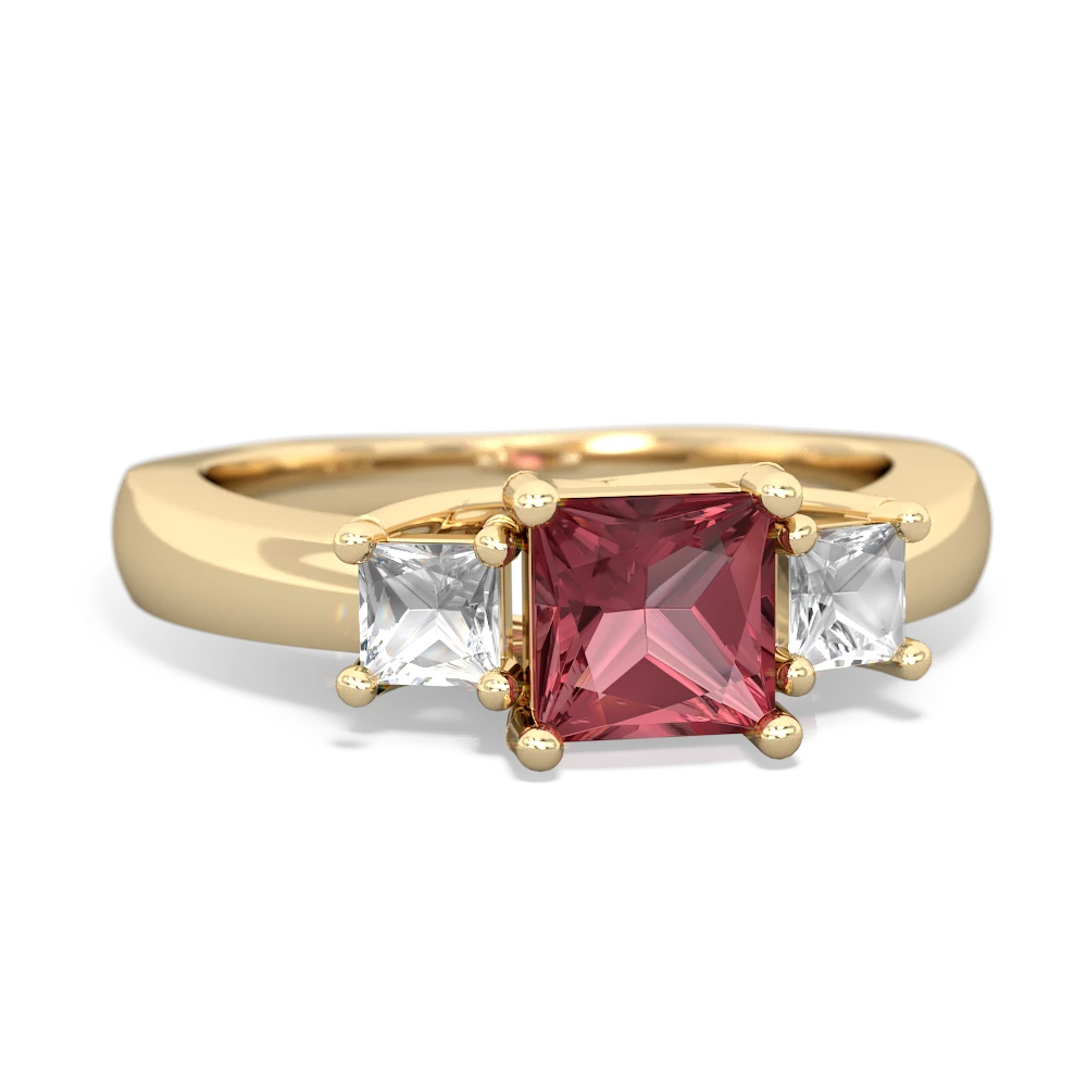 Pink Tourmaline Three Stone Trellis 14K Yellow Gold ring R4015