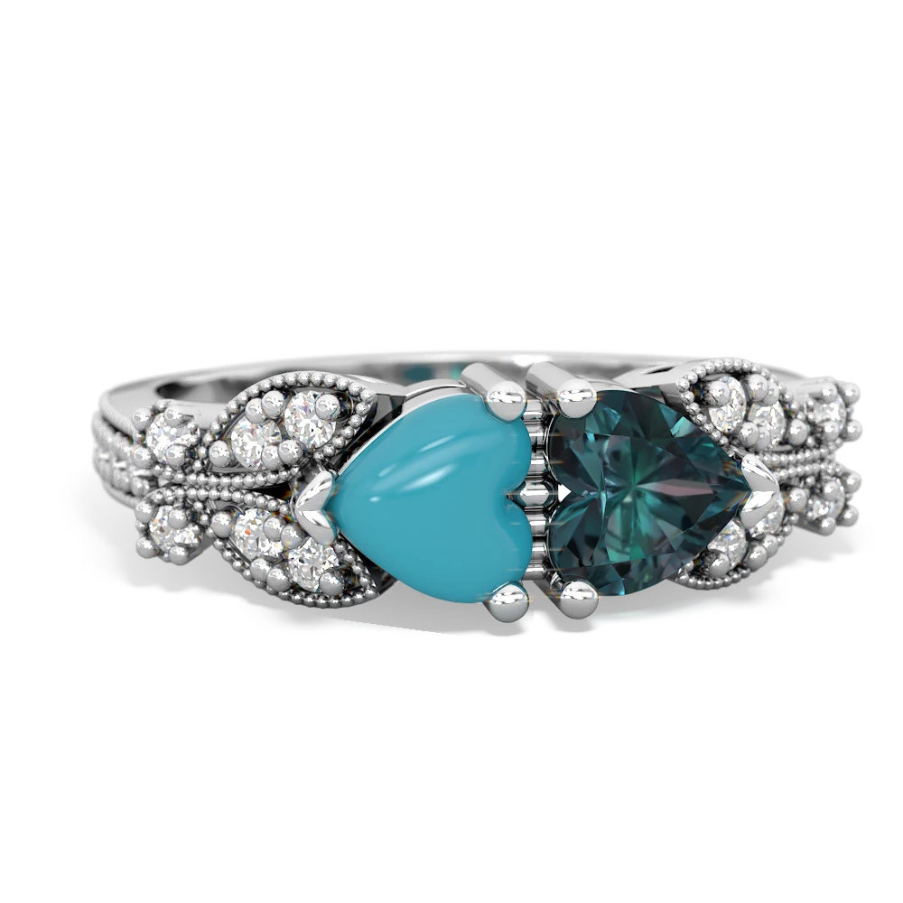 Turquoise Diamond Butterflies 14K White Gold ring R5601