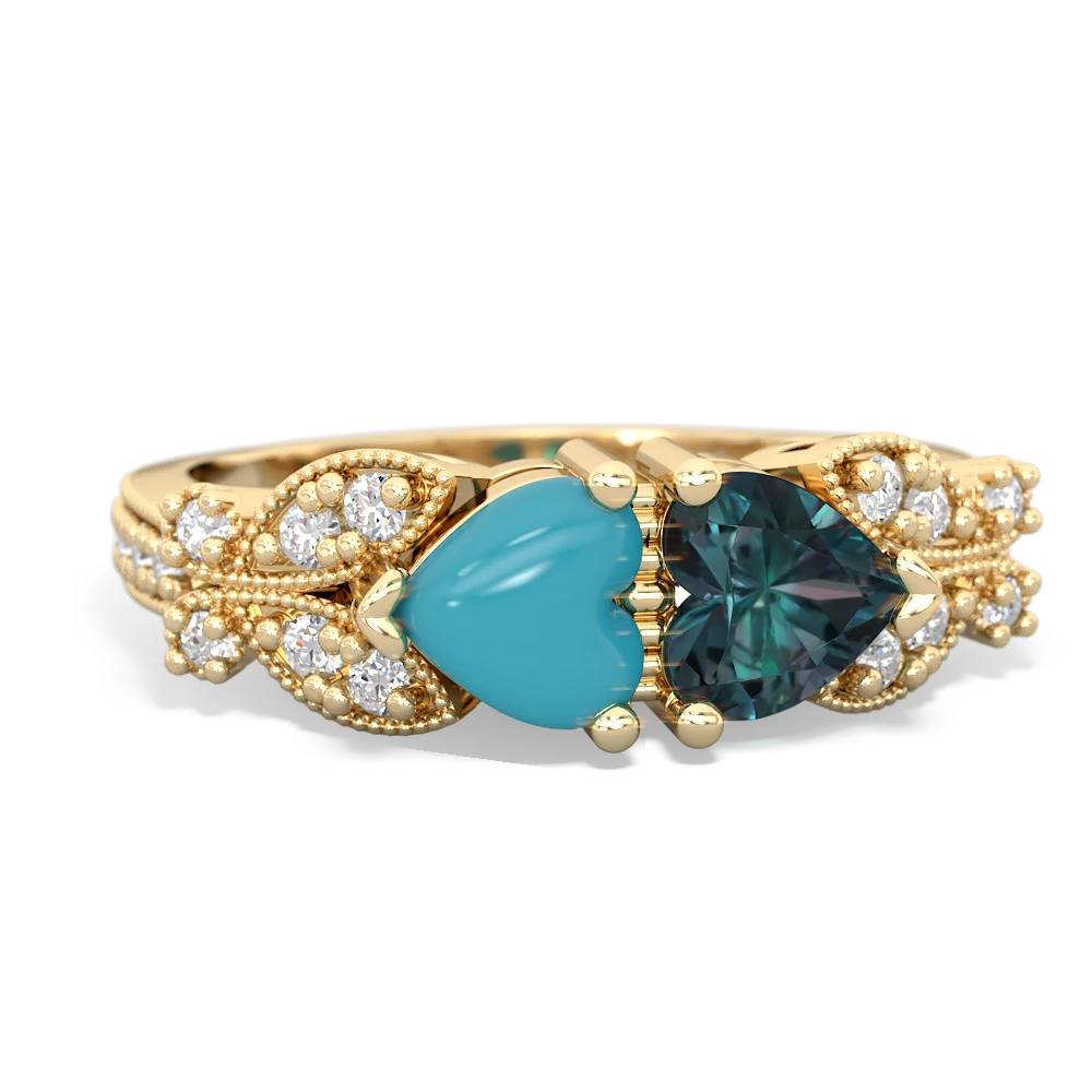 Turquoise Diamond Butterflies 14K Yellow Gold ring R5601