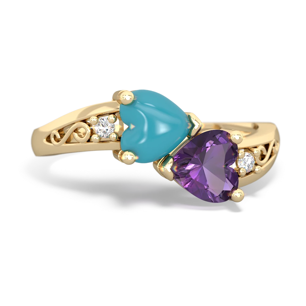 Turquoise Snuggling Hearts 14K Yellow Gold ring R2178