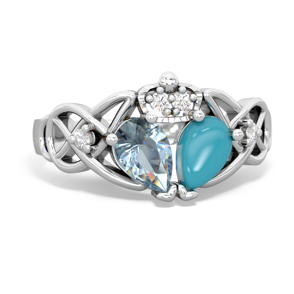 Turquoise 'One Heart' Celtic Knot Claddagh 14K White Gold ring R5322