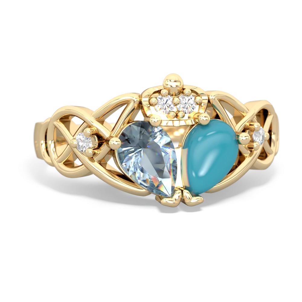 Turquoise 'One Heart' Celtic Knot Claddagh 14K Yellow Gold ring R5322