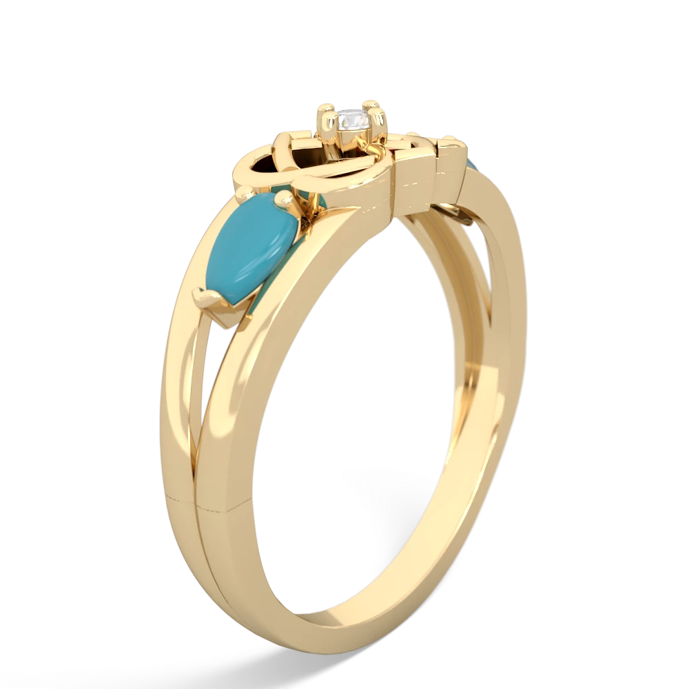 Turquoise Hearts Intertwined 14K Yellow Gold ring R5880