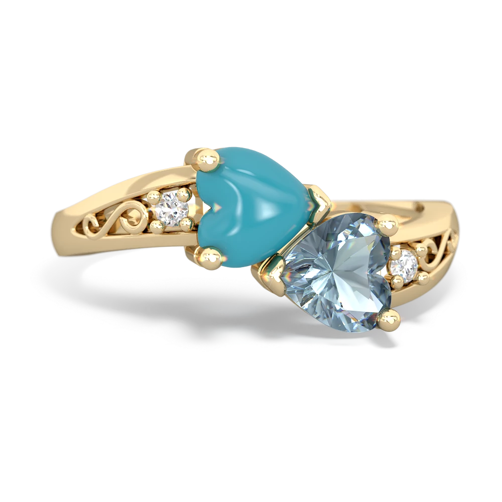 Turquoise Snuggling Hearts 14K Yellow Gold ring R2178