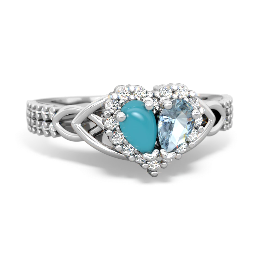 Turquoise Celtic Knot Two Hearts As One 14K White Gold ring R2644HRT