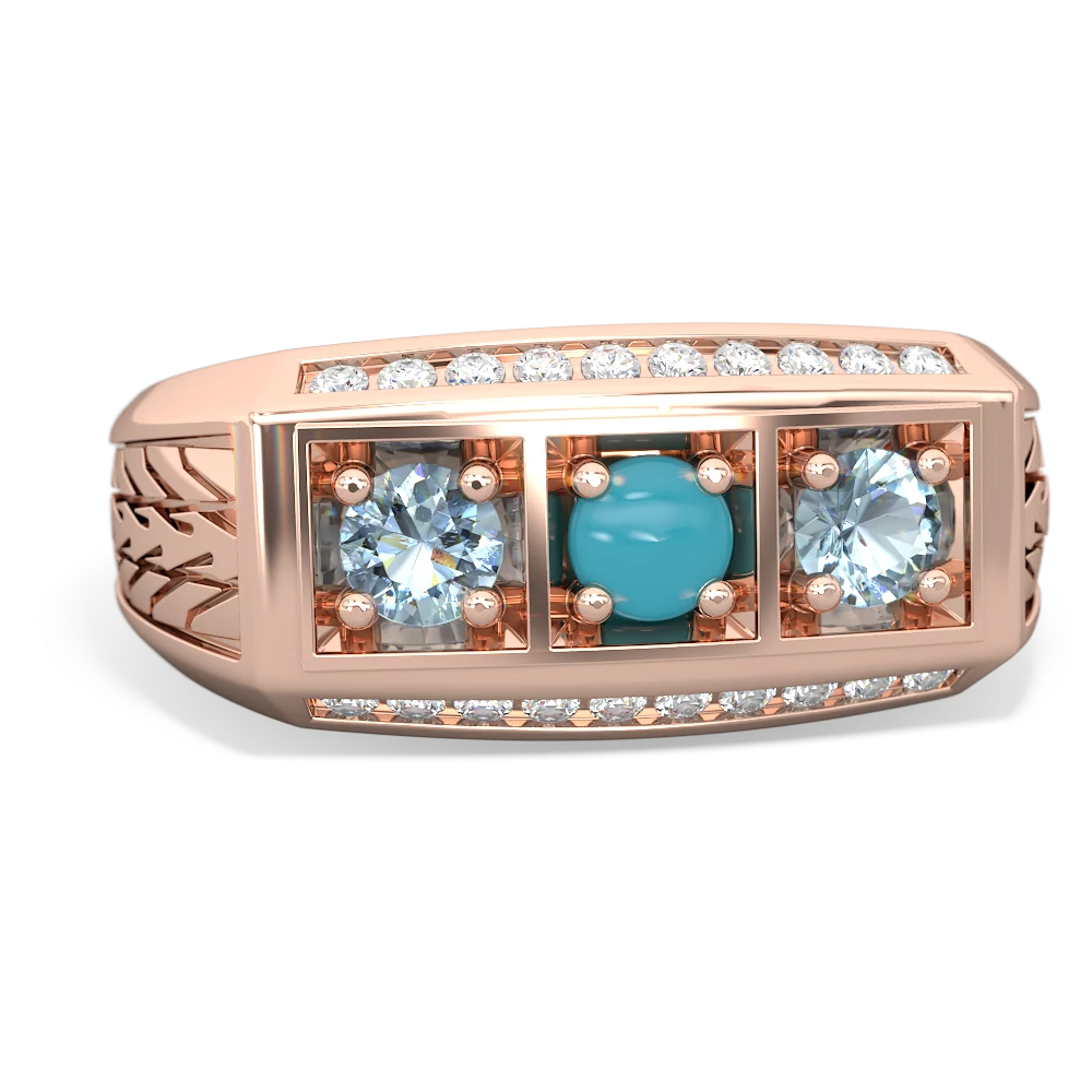 Turquoise Three Stone Tire Tread Men's 14K Rose Gold ring R0520