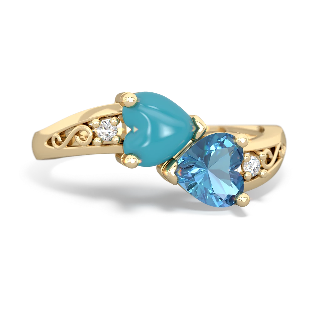 Turquoise Snuggling Hearts 14K Yellow Gold ring R2178