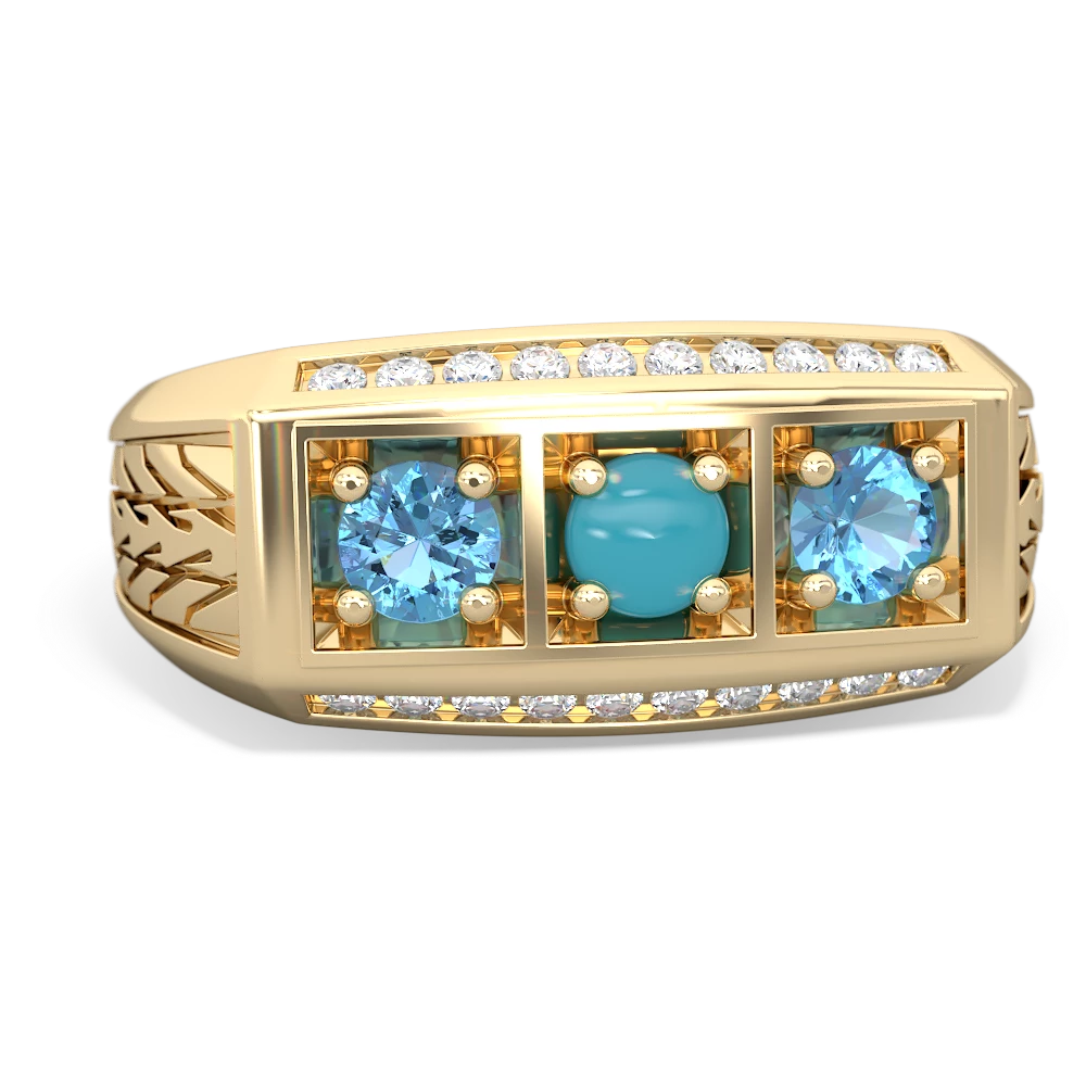 Turquoise Three Stone Tire Tread Men's 14K Yellow Gold ring R0520