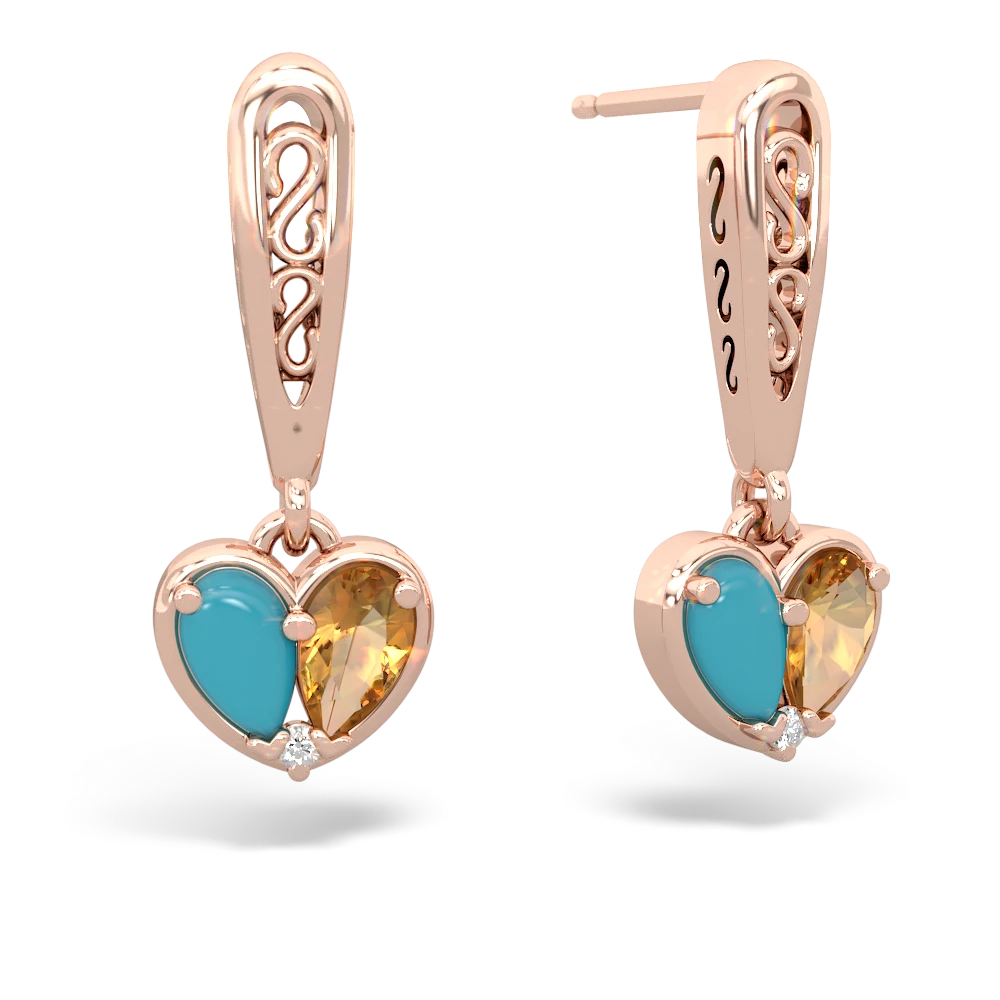 Turquoise Filligree Heart 14K Rose Gold earrings E5070