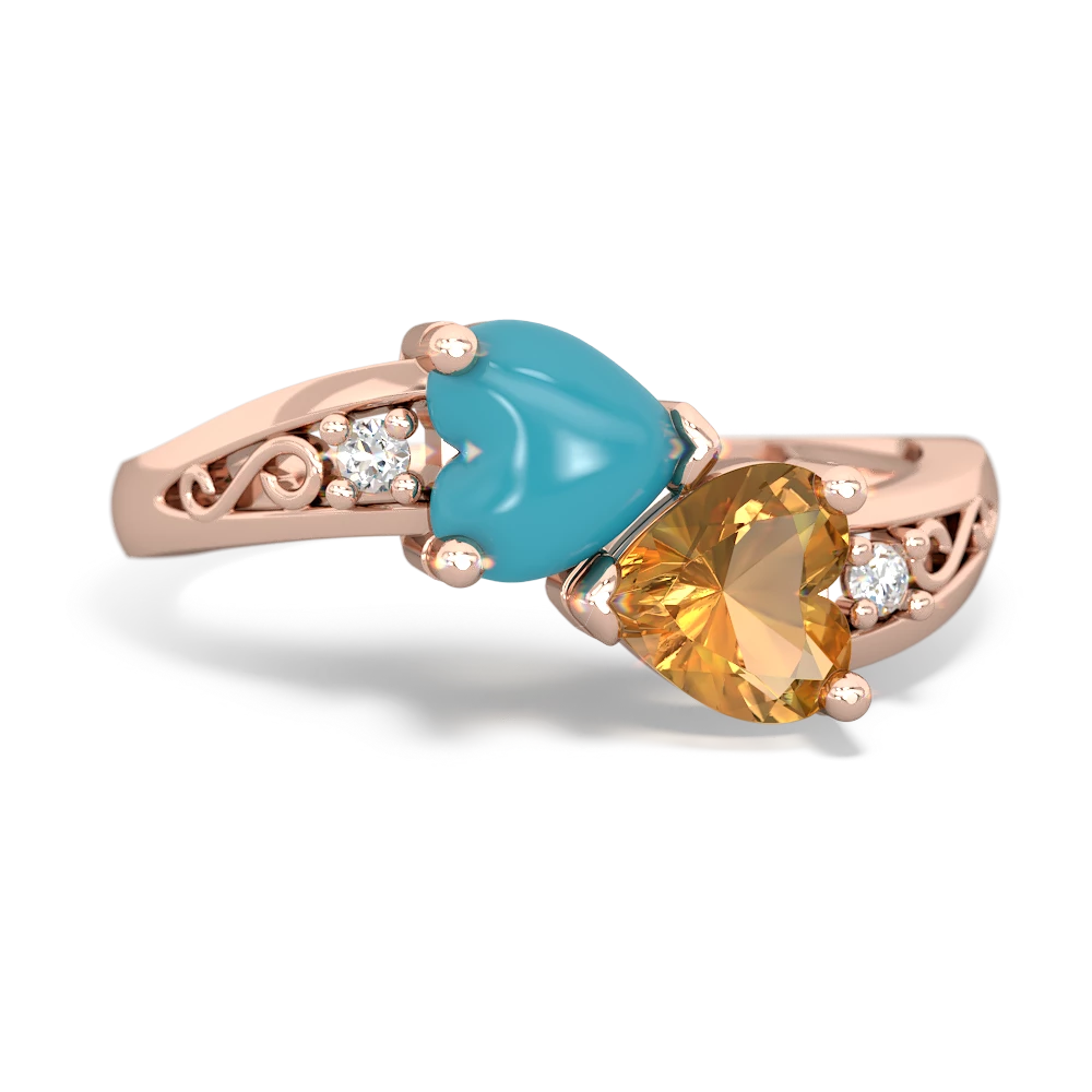 Turquoise Snuggling Hearts 14K Rose Gold ring R2178