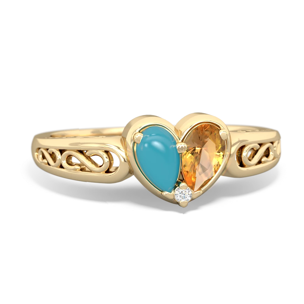 Turquoise Filligree 'One Heart' 14K Yellow Gold ring R5070