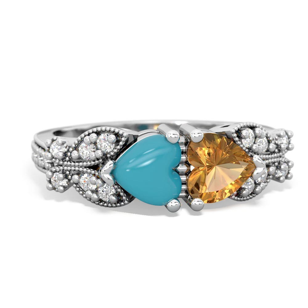 Turquoise Diamond Butterflies 14K White Gold ring R5601