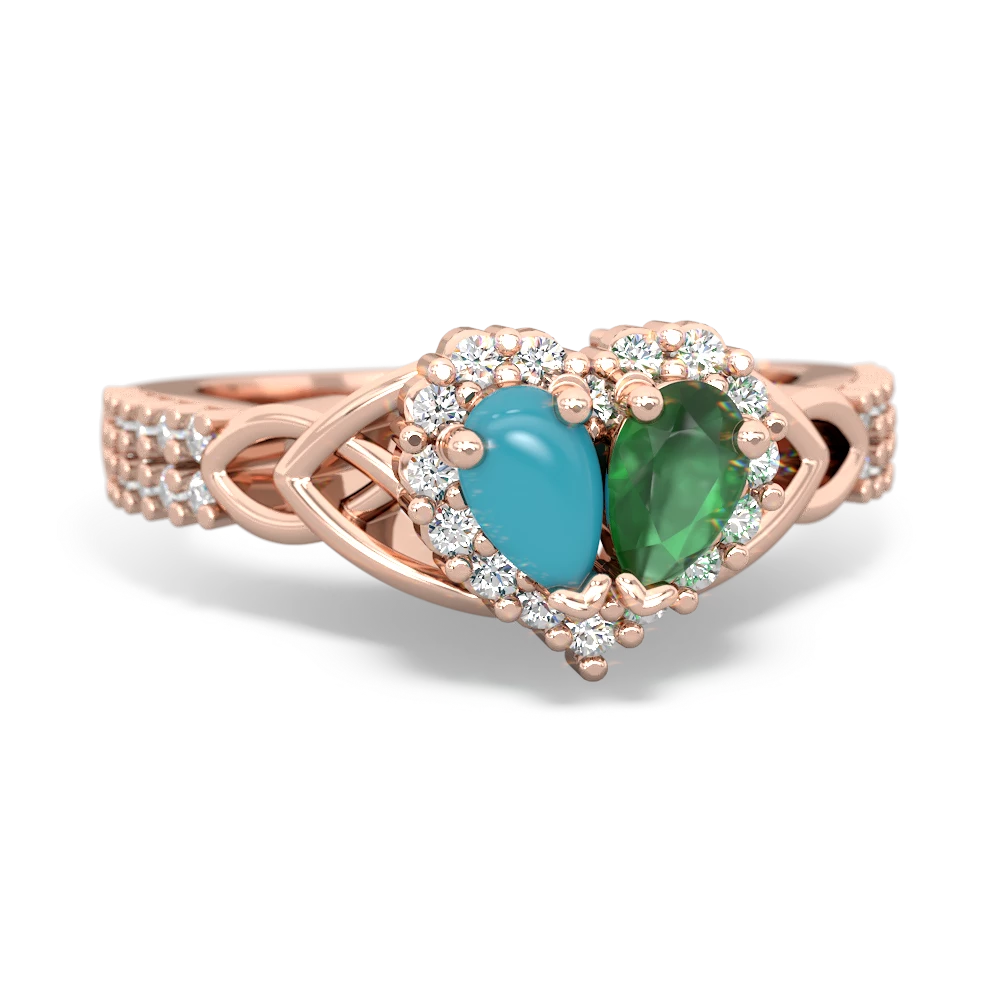 Turquoise Celtic Knot Two Hearts As One 14K Rose Gold ring R2644HRT