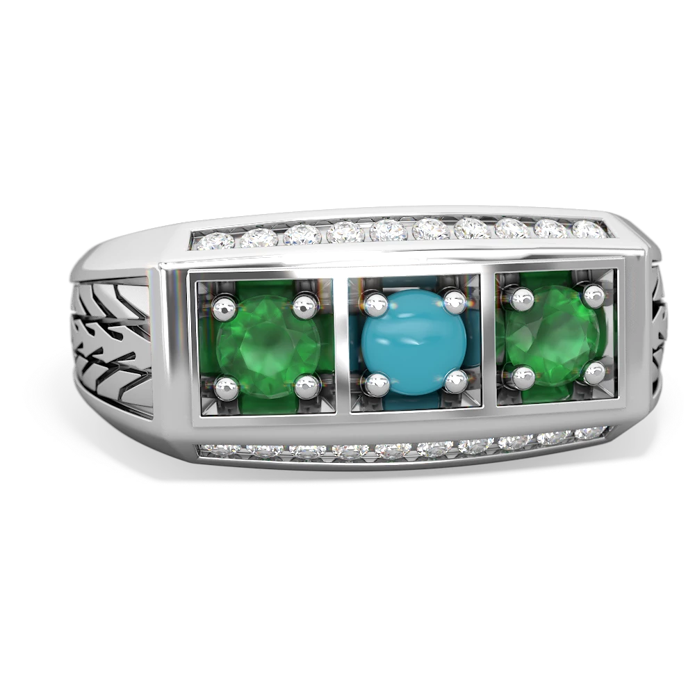 Turquoise Three Stone Tire Tread Men's 14K White Gold ring R0520