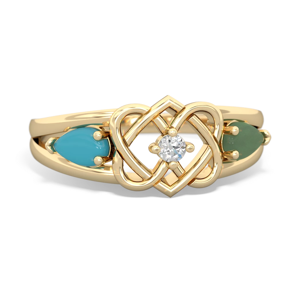 Turquoise Hearts Intertwined 14K Yellow Gold ring R5880