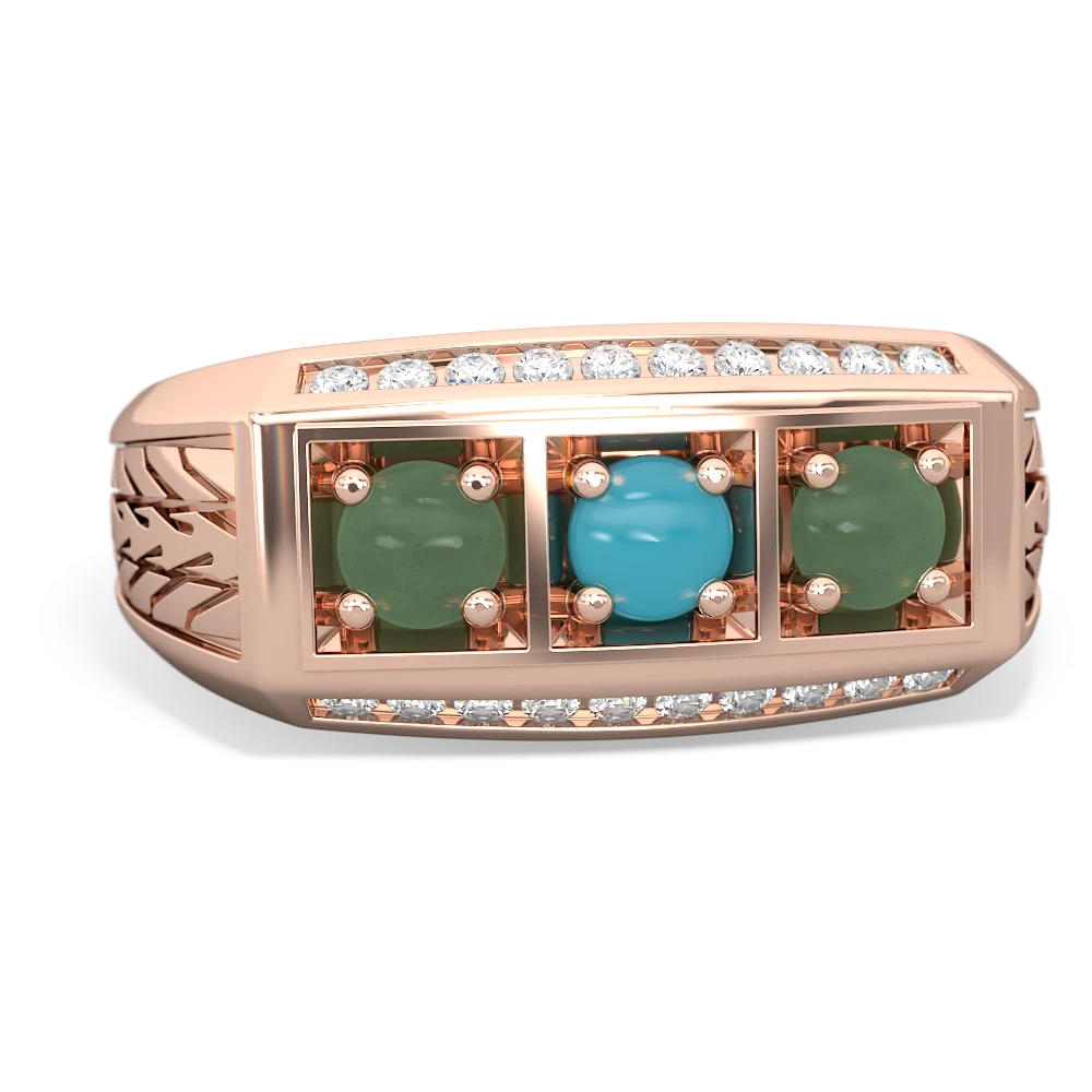 Turquoise Three Stone Tire Tread Men's 14K Rose Gold ring R0520