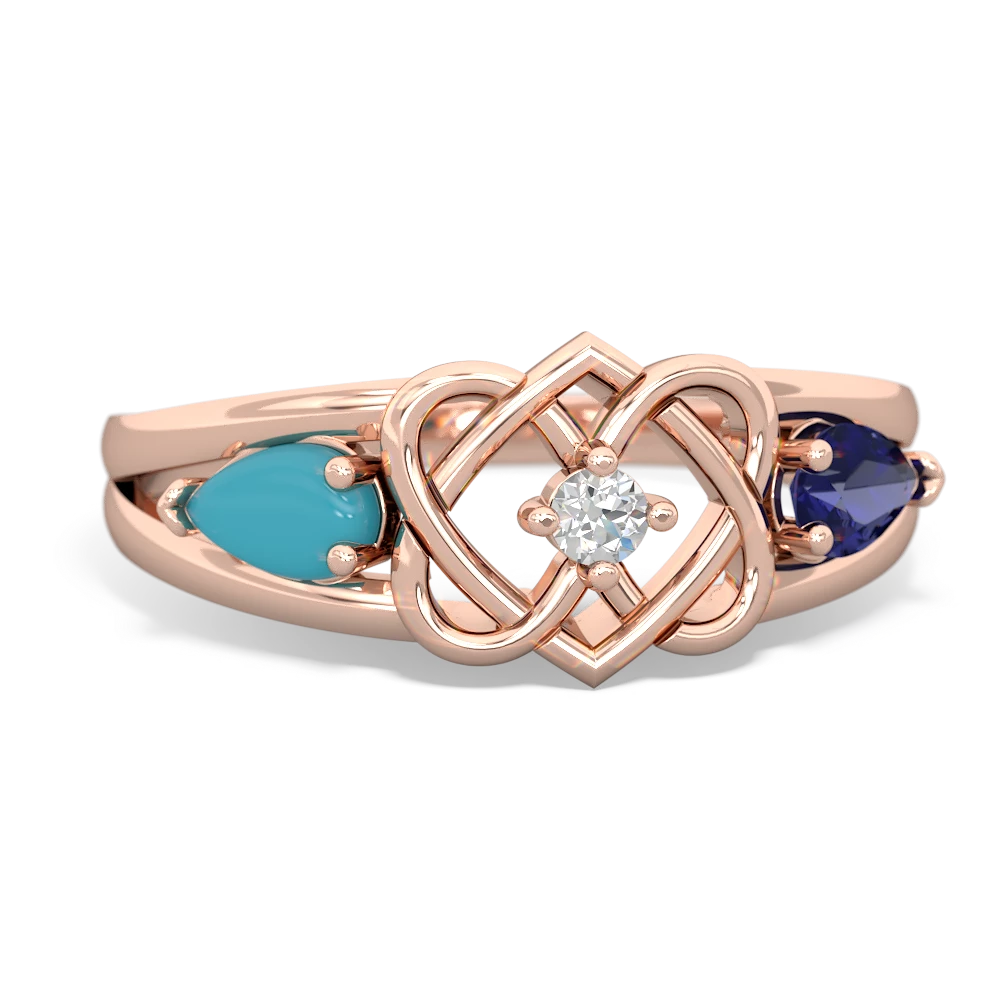 Turquoise Hearts Intertwined 14K Rose Gold ring R5880