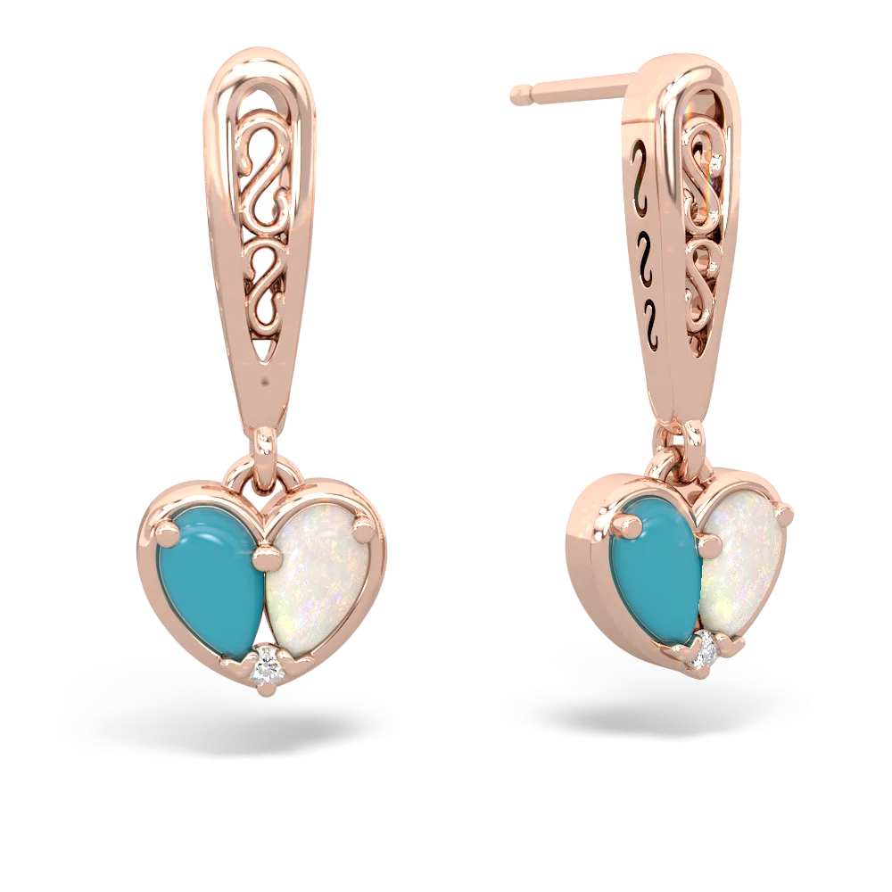 Turquoise Filligree Heart 14K Rose Gold earrings E5070