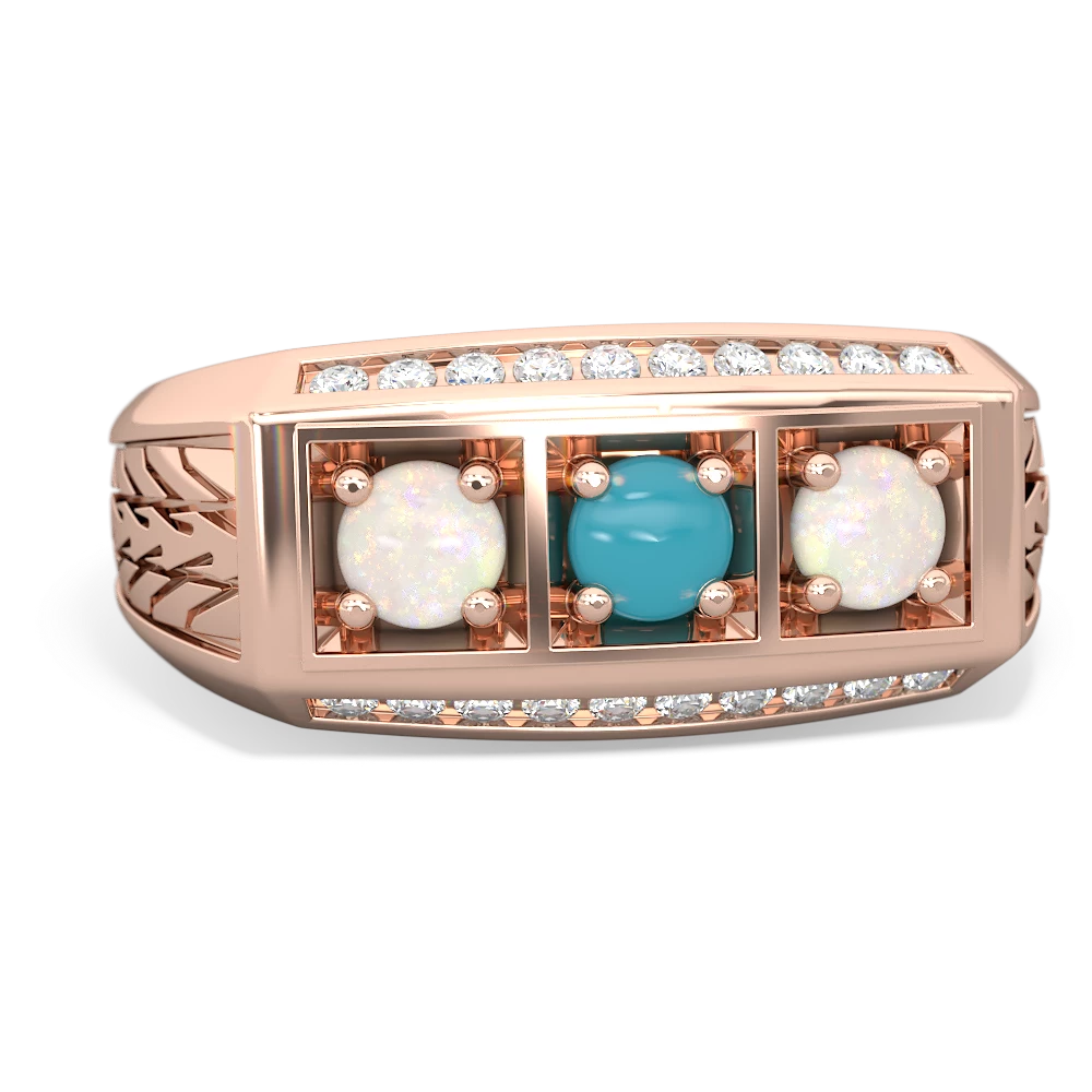 Turquoise Three Stone Tire Tread Men's 14K Rose Gold ring R0520