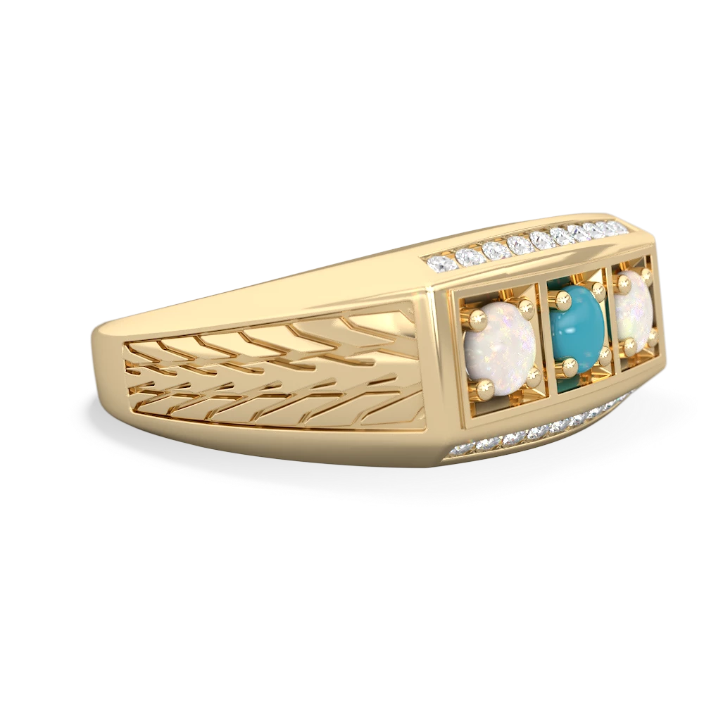 Turquoise Three Stone Tire Tread Men's 14K Yellow Gold ring R0520