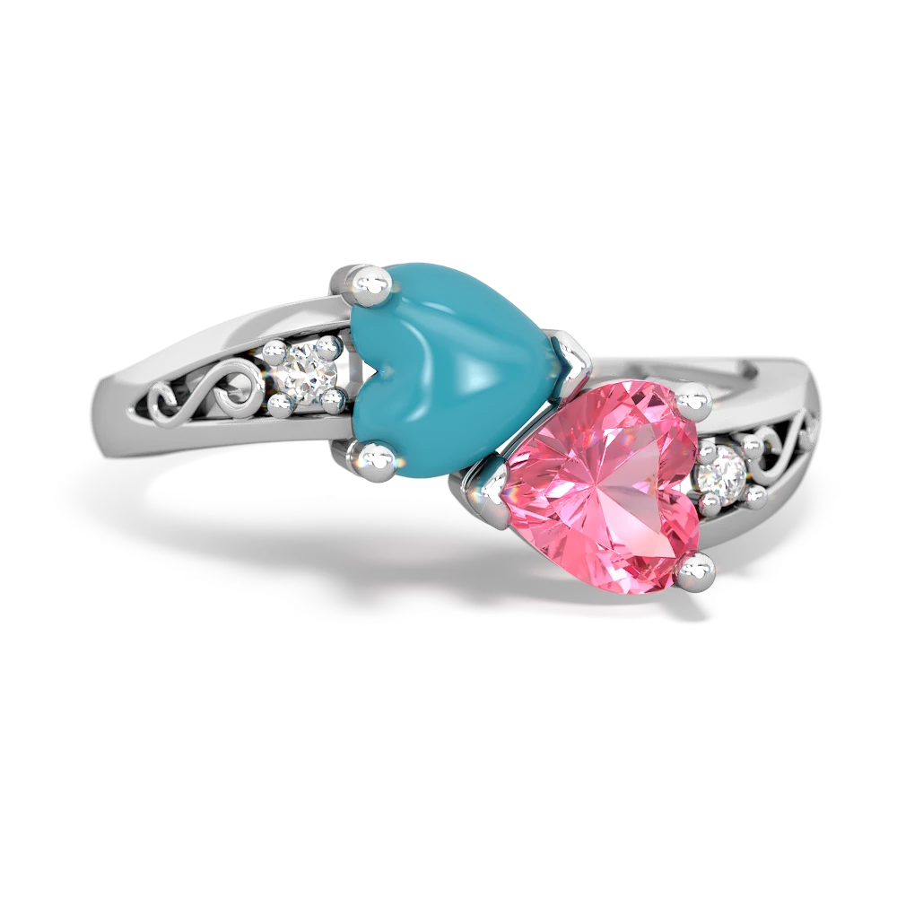 Turquoise Snuggling Hearts 14K White Gold ring R2178