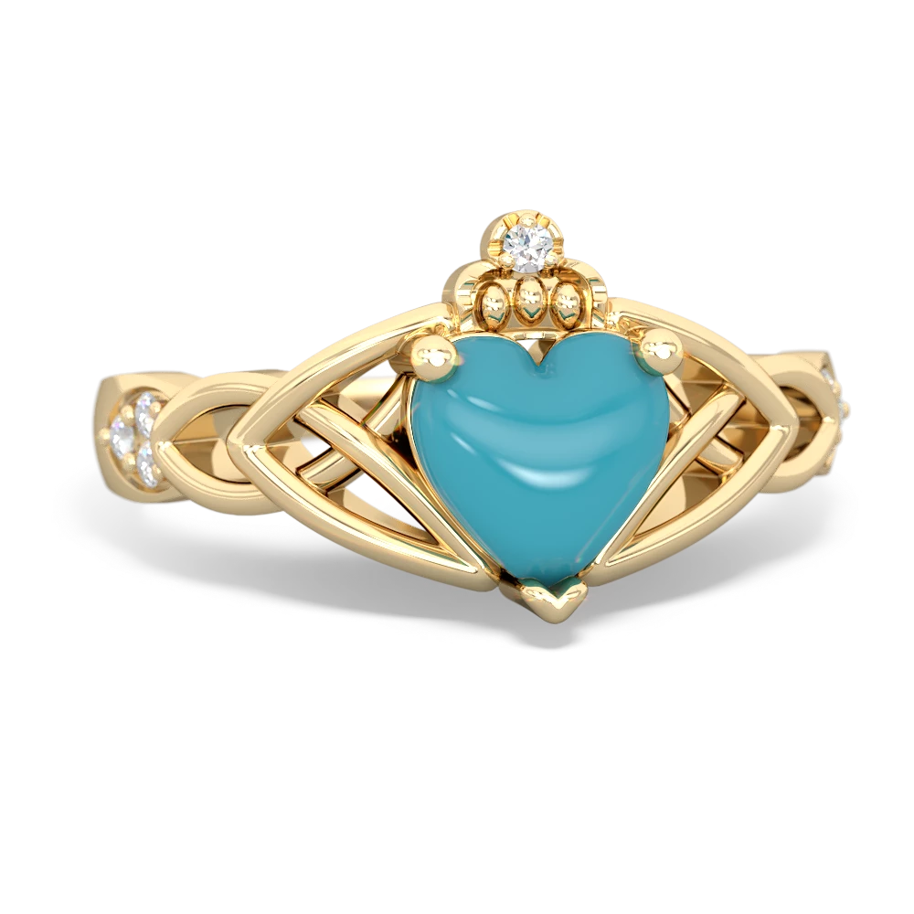 Turquoise Claddagh Celtic Knot Diamond 14K Yellow Gold ring R5001