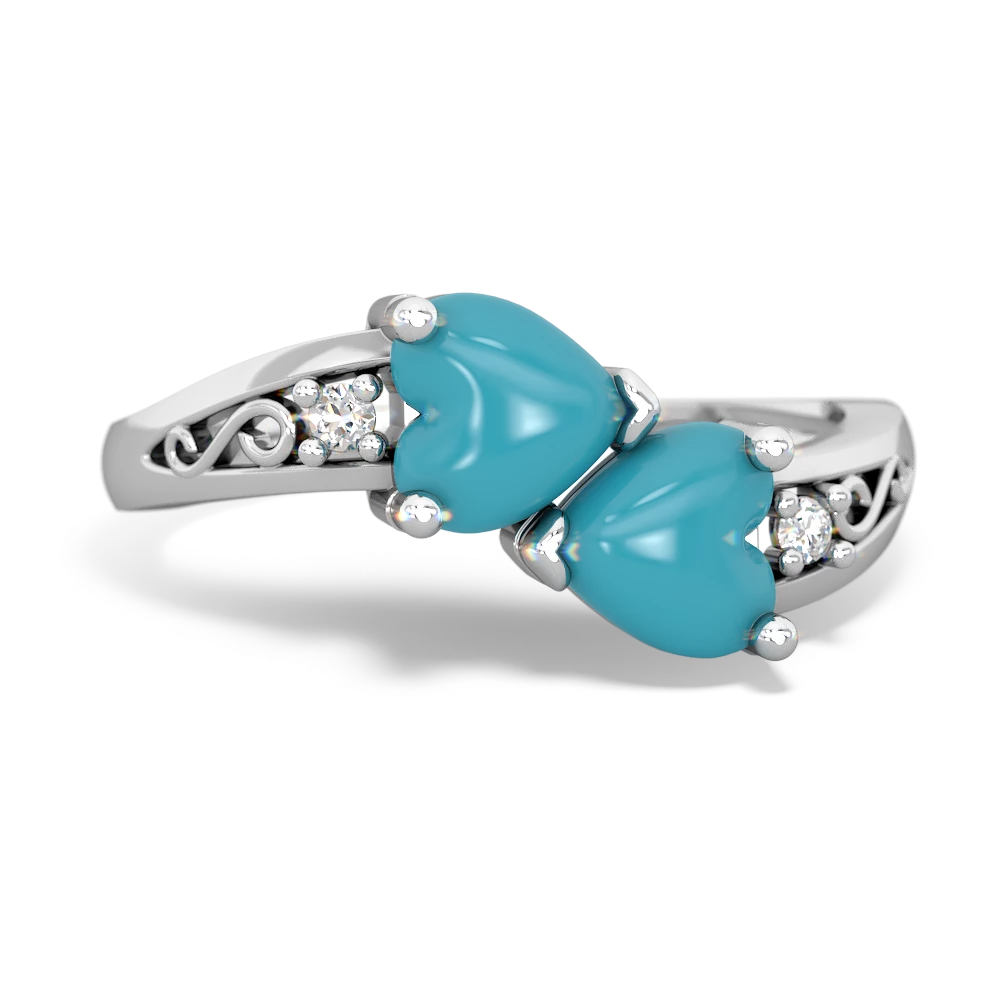 Turquoise Snuggling Hearts 14K White Gold ring R2178