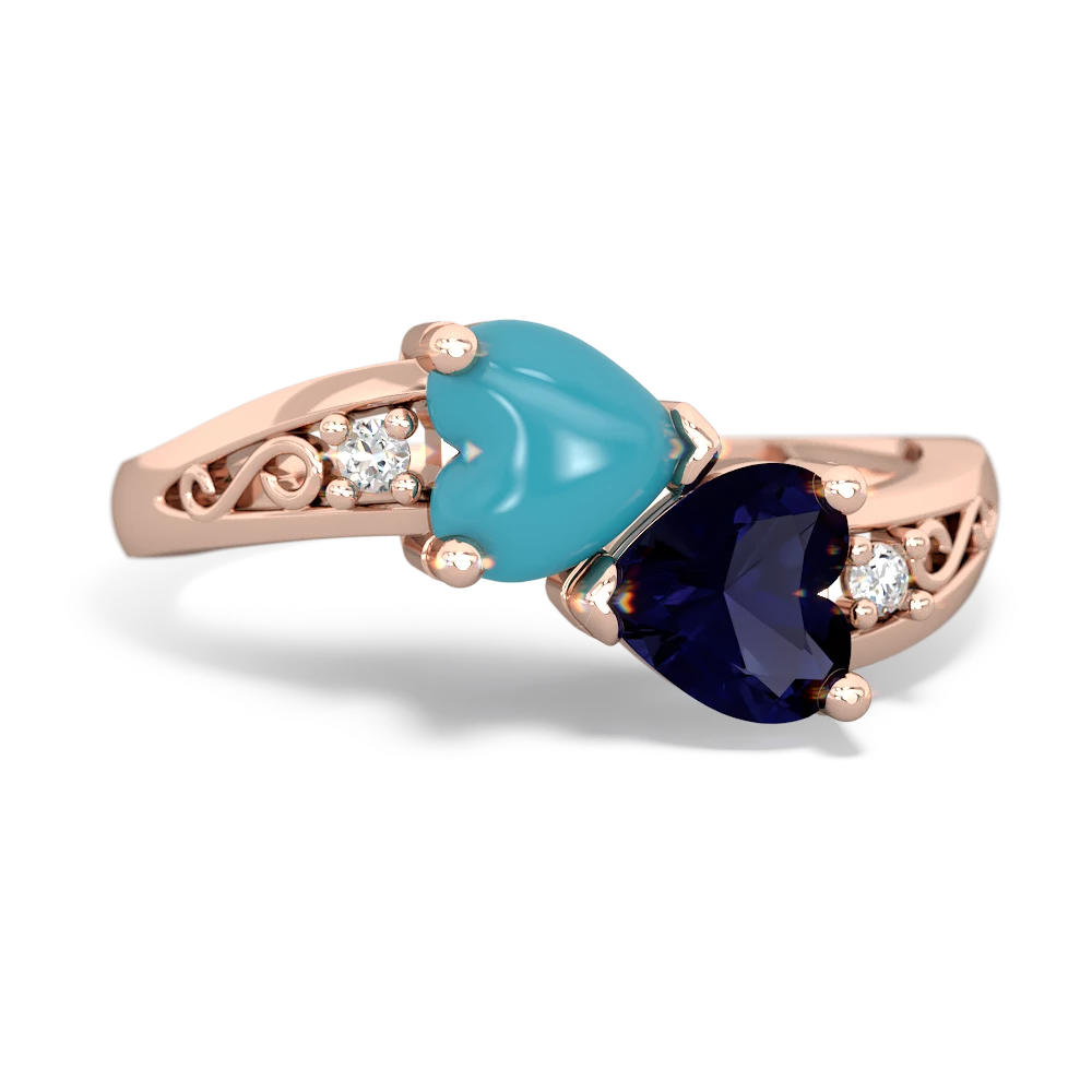 Turquoise Snuggling Hearts 14K Rose Gold ring R2178