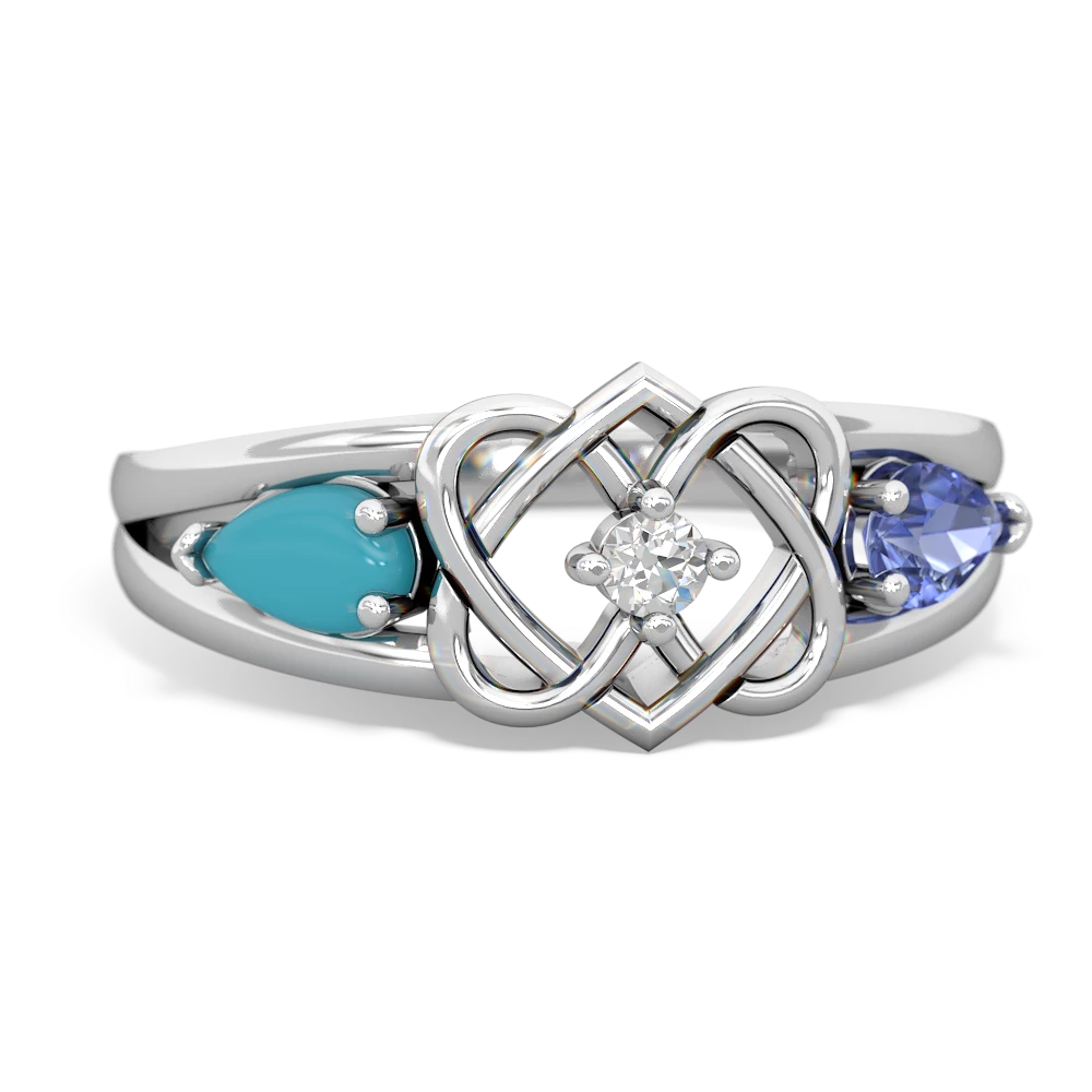 Turquoise Hearts Intertwined 14K White Gold ring R5880