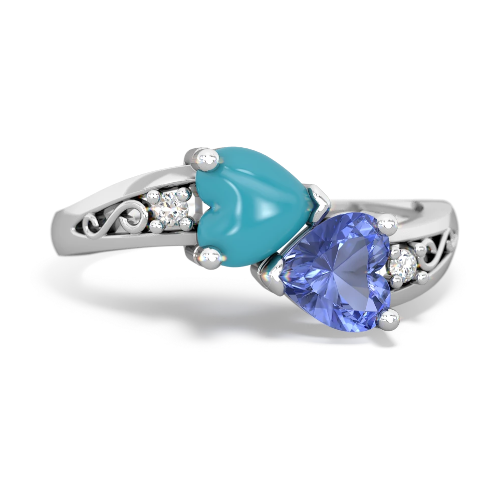 Turquoise Snuggling Hearts 14K White Gold ring R2178