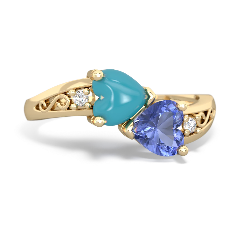 Turquoise Snuggling Hearts 14K Yellow Gold ring R2178